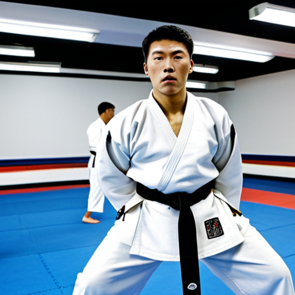 Taekwondo Philosophy**
A professional Taekwondo instructor in a clean, well-lit dojang, demonstrating a basic form. He is wearing a traditional, fully clothed dobok (uniform). Students in modest attire are practicing in the background. Focus on discipline and respect, safe for work, appropriate content, fully clothed, perfect anatomy, natural proportions, professional studio photography, family-friendly.
**