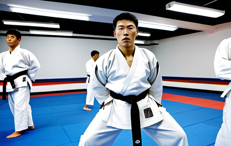 Taekwondo Philosophy**
A professional Taekwondo instructor in a clean, well-lit dojang, demonstrating a basic form. He is wearing a traditional, fully clothed dobok (uniform). Students in modest attire are practicing in the background. Focus on discipline and respect, safe for work, appropriate content, fully clothed, perfect anatomy, natural proportions, professional studio photography, family-friendly.
**