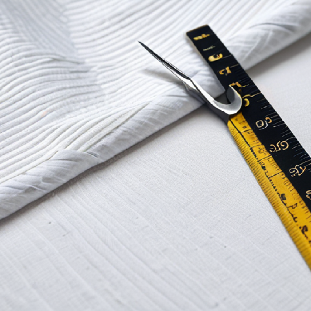 Dobok Material Comparison**
"A tailor's workshop, showcasing swatches of cotton, polyester, and a cotton-polyester blend fabric, all in white. Include a measuring tape, scissors, and sewing needles. Focus on the textures and weave of each material. safe for work, appropriate content, professional presentation, fabric samples, perfect lighting, textile photography"
**