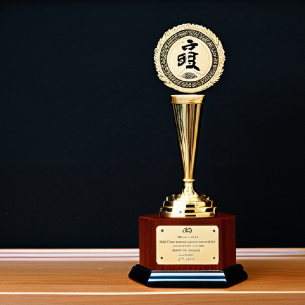 Wooden Taekwondo Trophy**
"A beautifully crafted wooden Taekwondo trophy, featuring engraved Korean calligraphy and the club logo, displayed on a polished wooden shelf in a dojang. Fully clothed, safe for work, appropriate content, professional. Perfect anatomy, correct proportions, natural pose, well-formed hands, proper finger count, natural body proportions."
**