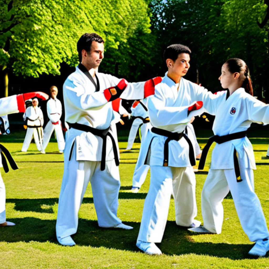 태권도 이벤트 개최 방법 - Community Taekwondo Demonstration**

"A vibrant outdoor taekwondo demonstration in a Parisian park, ...