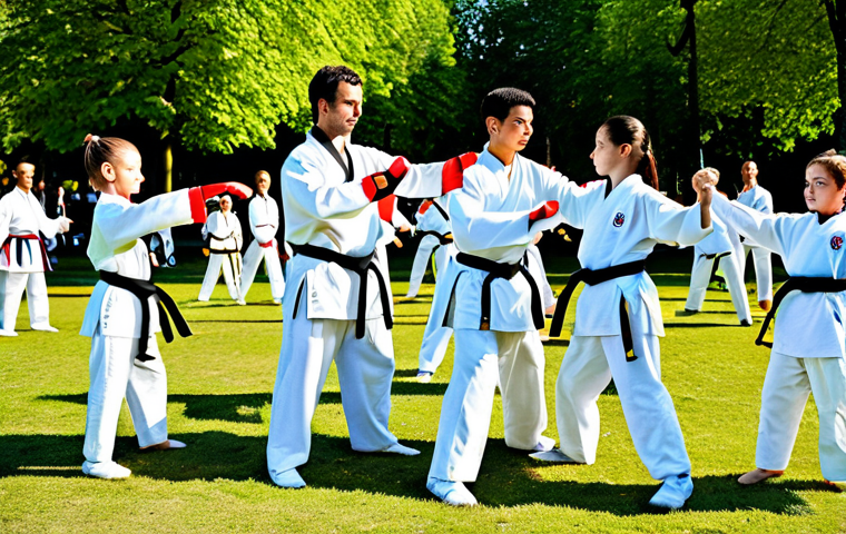 태권도 이벤트 개최 방법 - Community Taekwondo Demonstration**
"A vibrant outdoor taekwondo demonstration in a Parisian park, ...