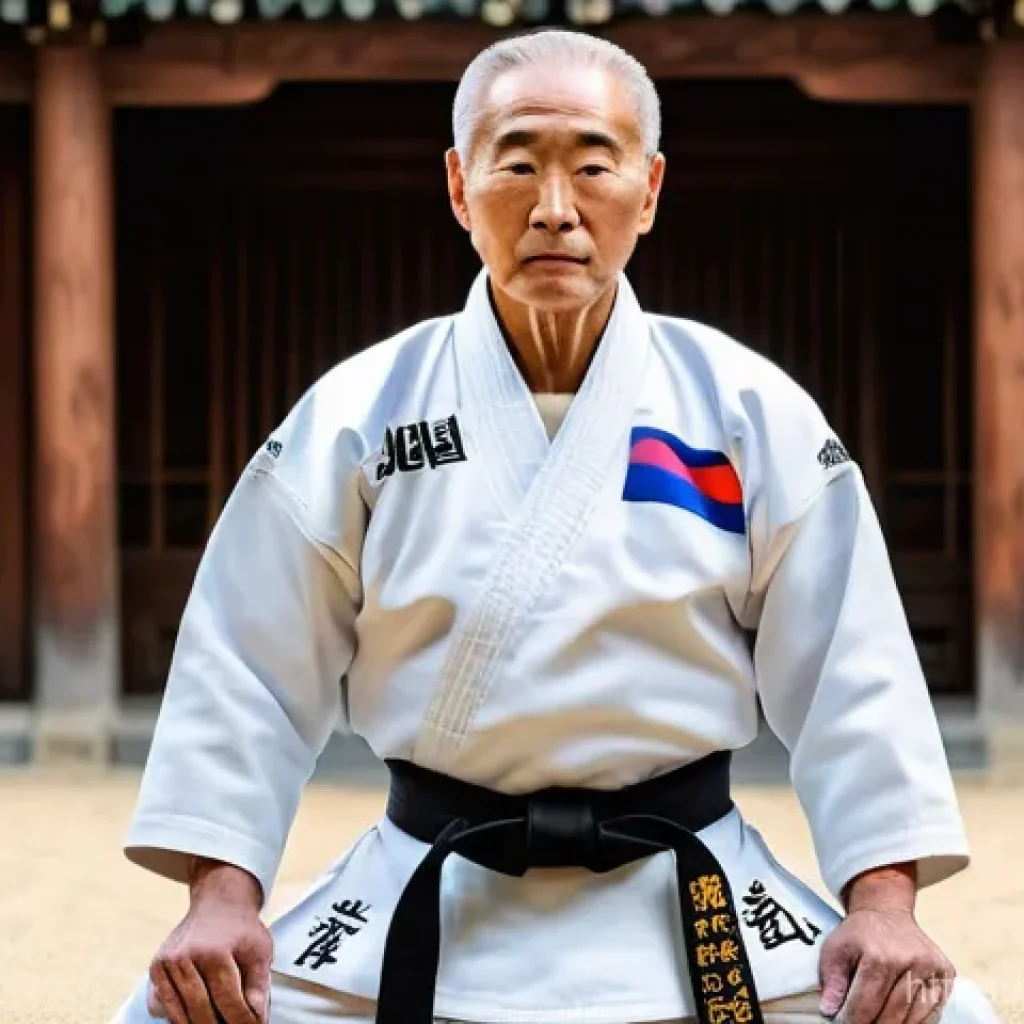 태권도와 한국 문화의 접목 - **Prompt:** A dignified and focused elderly French Taekwondo Grandmaster, with a serene yet determin...
