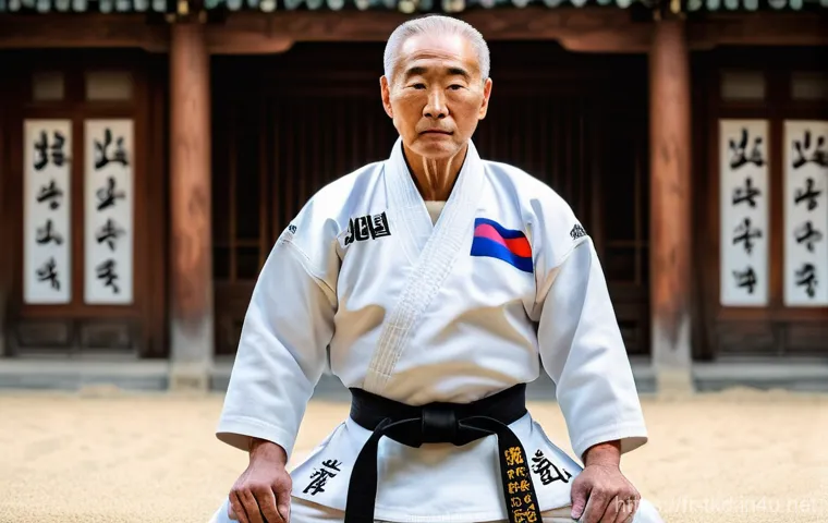 태권도와 한국 문화의 접목 - **Prompt:** A dignified and focused elderly French Taekwondo Grandmaster, with a serene yet determin...