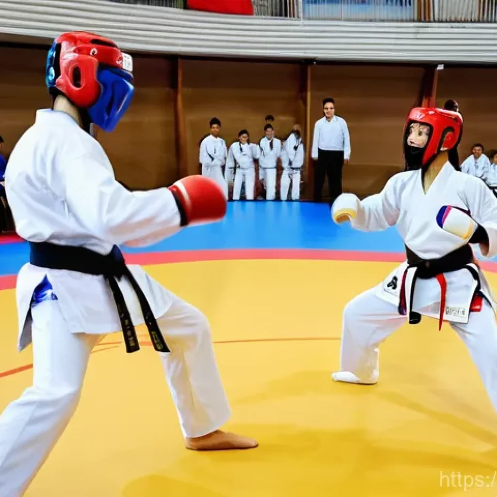 태권도 대회 주최 비용 - **A dynamic Taekwondo competition in a vibrant French sports hall.**
A wide-angle shot captures ...
