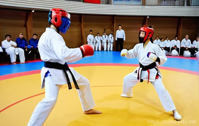 태권도 대회 주최 비용 - **A dynamic Taekwondo competition in a vibrant French sports hall.**
A wide-angle shot captures ...