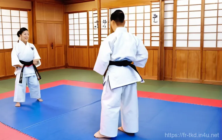 태권도 초보자가 주의해야 할 점 - **A vibrant Taekwondo dojang bustling with activity, depicting a diverse group of students of all ag...