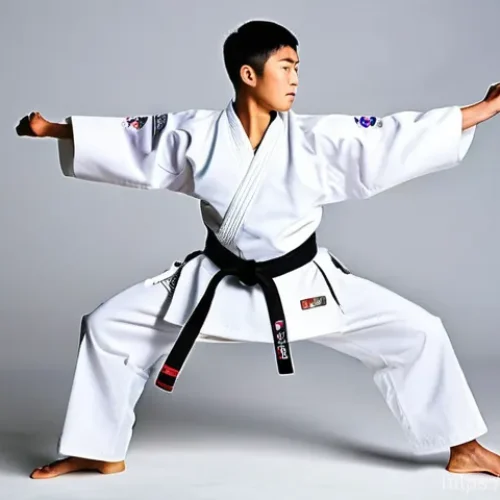 Home 21 태권도 도복 추천 브랜드 - **Dynamic Taekwondo Athlete in a Modern, Breathable Dobok.**
A dynamic, medium shot of a male or...
