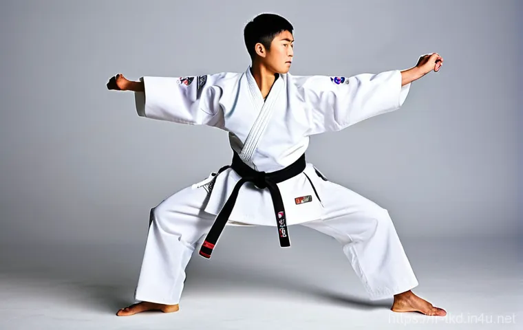태권도 도복 추천 브랜드 - **Dynamic Taekwondo Athlete in a Modern, Breathable Dobok.**
A dynamic, medium shot of a male or...