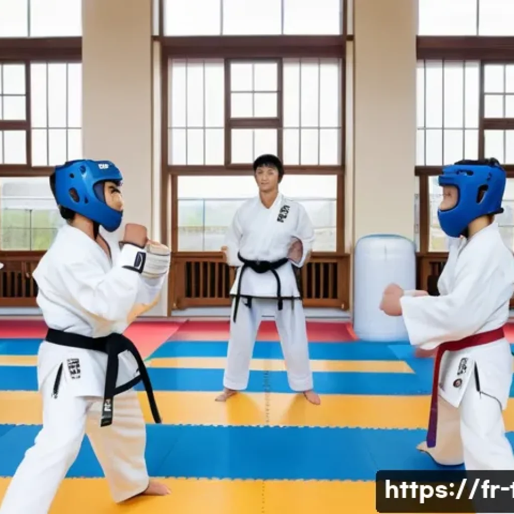 태권도 관련 법규와 정책 - A professional taekwondo training session inside a modern French dojo, featuring certified instructo...