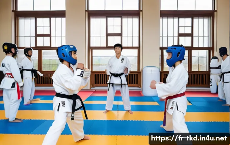 태권도 관련 법규와 정책 - A professional taekwondo training session inside a modern French dojo, featuring certified instructo...