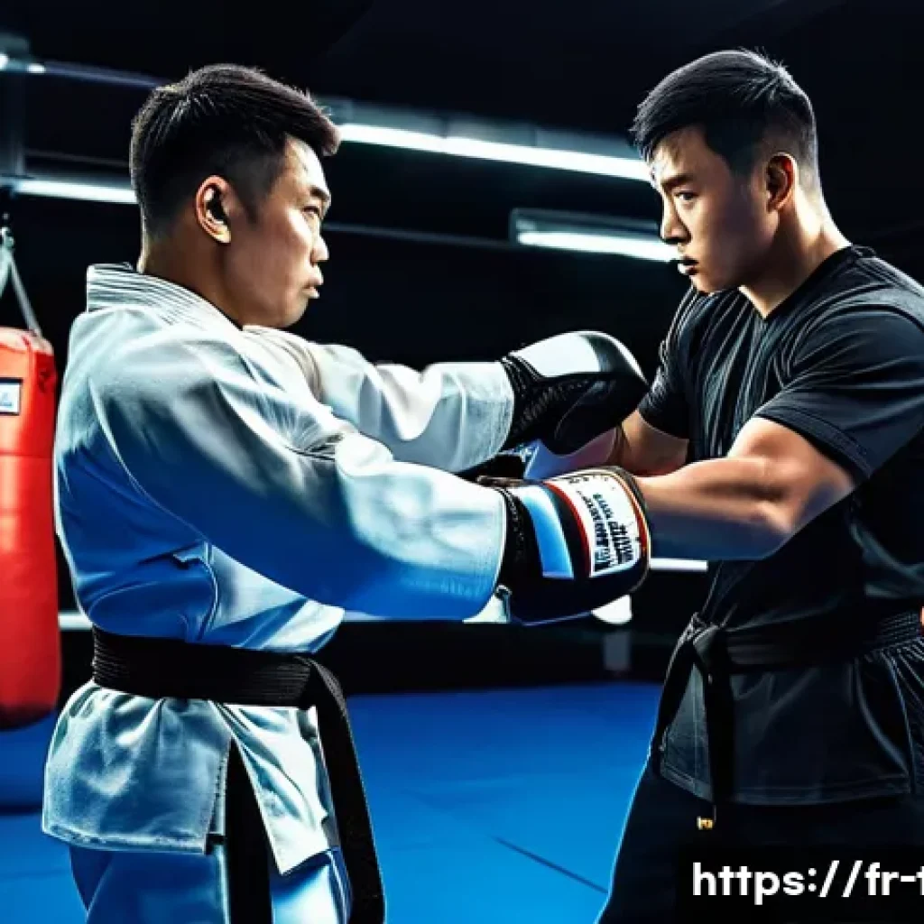 태권도 미트 사용법 - A dynamic martial arts training scene in a modern gym setting, featuring an adult male taekwondo pra...