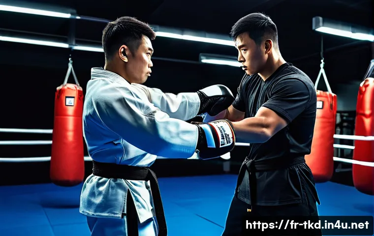 태권도 미트 사용법 - A dynamic martial arts training scene in a modern gym setting, featuring an adult male taekwondo pra...