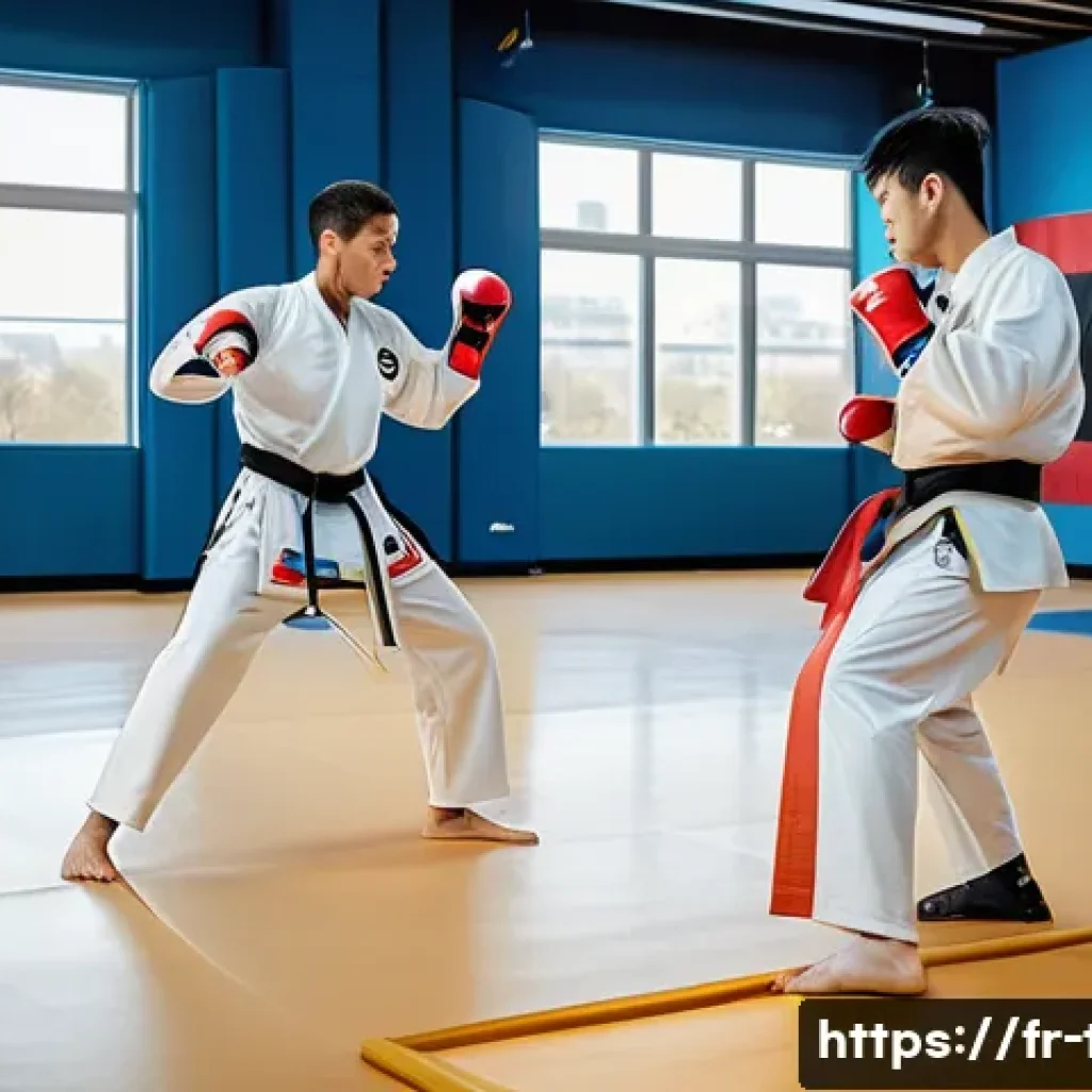 태권도 트렌드 분석 - A dynamic taekwondo training scene inside a modern gym in Paris, featuring a diverse group of adult ...
