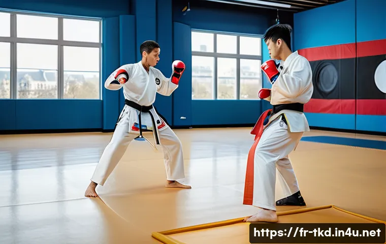 태권도 트렌드 분석 - A dynamic taekwondo training scene inside a modern gym in Paris, featuring a diverse group of adult ...