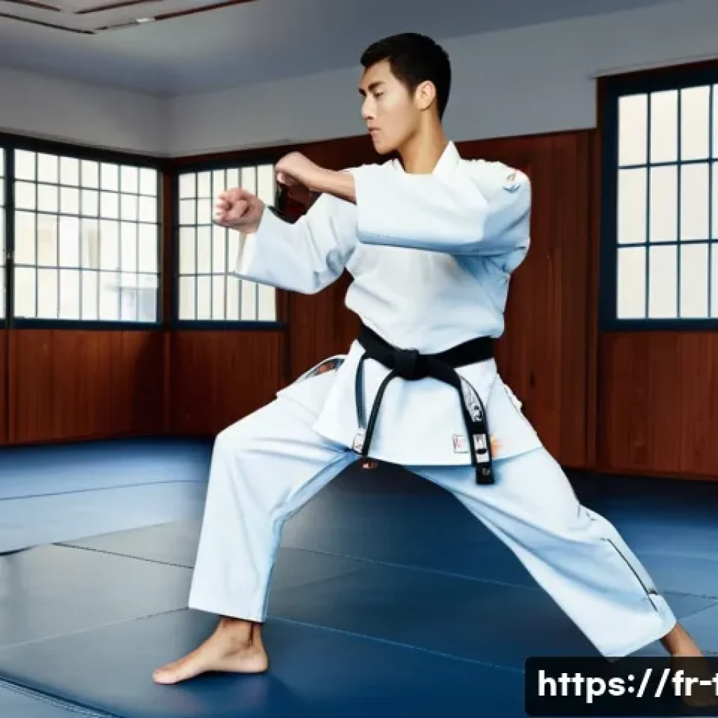 태권도 개인 지도 비용 - A professional Taekwondo instructor in a modern Parisian dojo, wearing a clean white dobok with a bl...