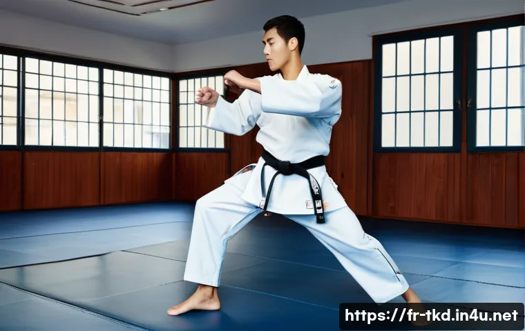 태권도 개인 지도 비용 - A professional Taekwondo instructor in a modern Parisian dojo, wearing a clean white dobok with a bl...