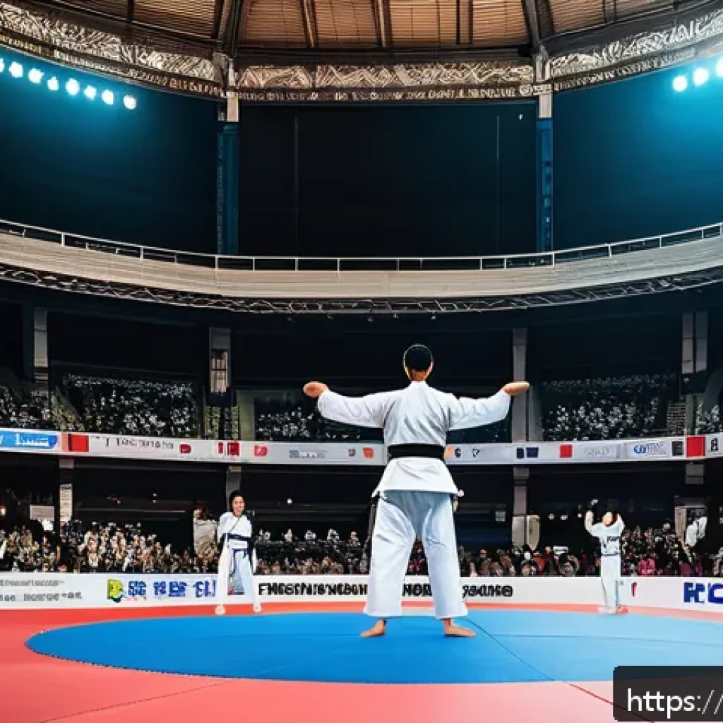 태권도 관련 축제와 행사 - A vibrant Taekwondo festival scene in Paris featuring a diverse crowd of practitioners and spectator...