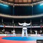 Home 21 태권도 관련 축제와 행사 - A vibrant Taekwondo festival scene in Paris featuring a diverse crowd of practitioners and spectator...