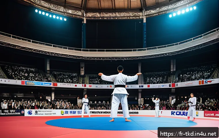 태권도 관련 축제와 행사 - A vibrant Taekwondo festival scene in Paris featuring a diverse crowd of practitioners and spectator...