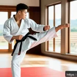 Home 20 태권도 심사에서 흔히 틀리는 부분 - A focused young adult male Taekwondo practitioner in a modern training dojo, wearing a traditional w...