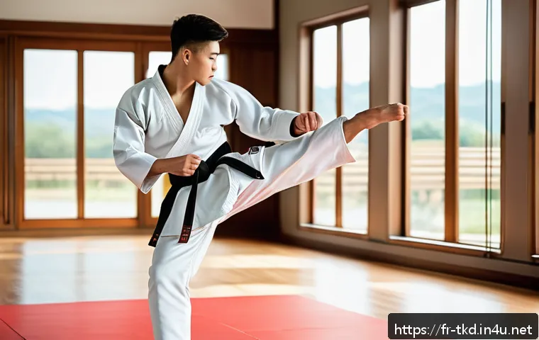태권도 심사에서 흔히 틀리는 부분 - A focused young adult male Taekwondo practitioner in a modern training dojo, wearing a traditional w...