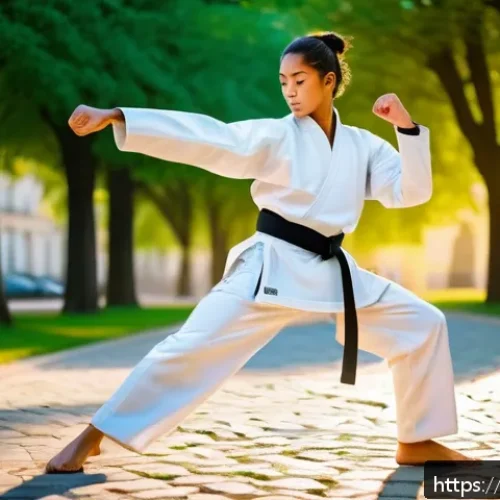 Home 31 태권도와 명상 결합 훈련 - A dynamic scene of a young adult practicing Taekwondo in a modern urban park in France during early ...