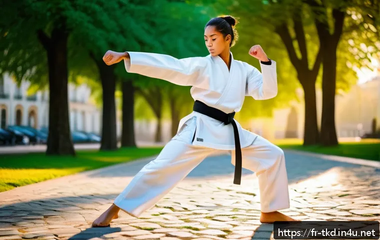 태권도와 명상 결합 훈련 - A dynamic scene of a young adult practicing Taekwondo in a modern urban park in France during early ...
