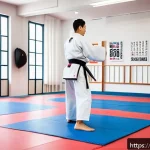 Home 18 태권도 단증 발급 절차 - A focused Taekwondo training session inside a modern French martial arts dojo, featuring a diverse g...