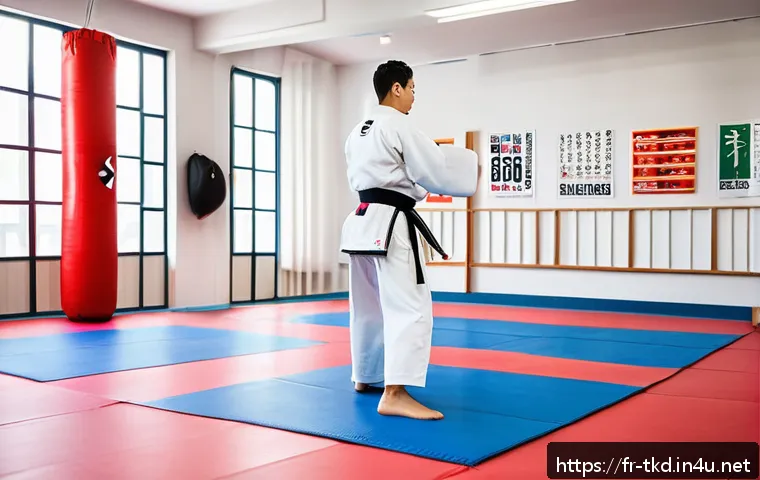태권도 단증 발급 절차 - A focused Taekwondo training session inside a modern French martial arts dojo, featuring a diverse g...