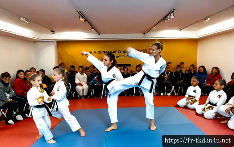 태권도 명절 행사 아이디어 - Photorealistic French community taekwondo holiday celebration inside a bright dojo, diverse children...