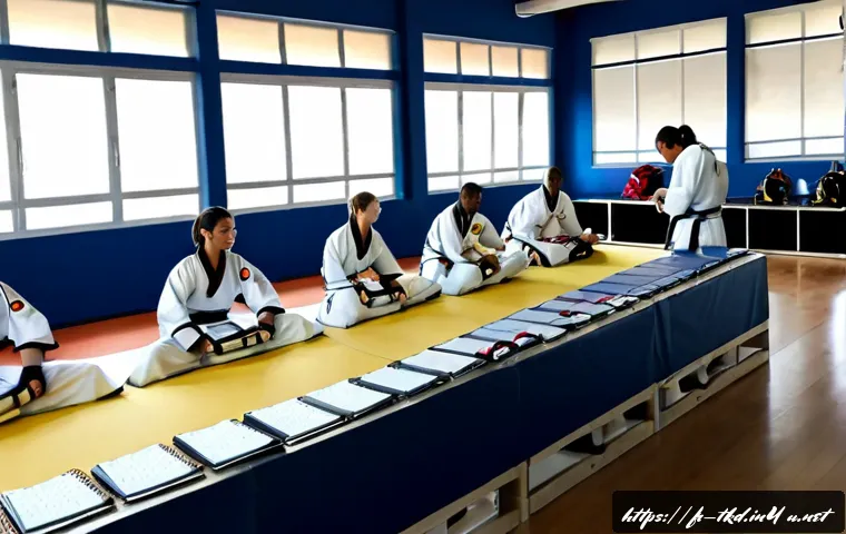 태권도 훈련 스케줄 공유 - Photorealistic French taekwondo club training schedule planning scene, diverse adult martial arts st...