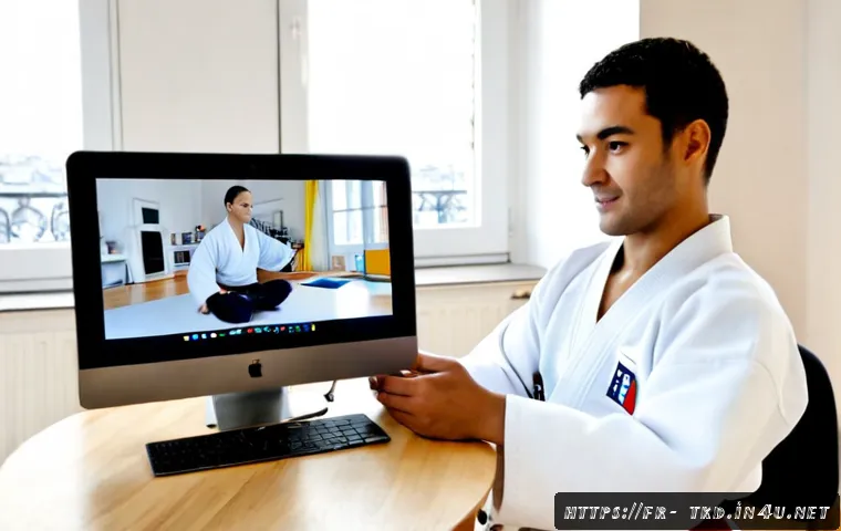 Home 17 태권도 온라인 커뮤니티 추천 - Photorealistic French taekwondo enthusiast in a bright Paris apartment, wearing a clean white dobok ...
